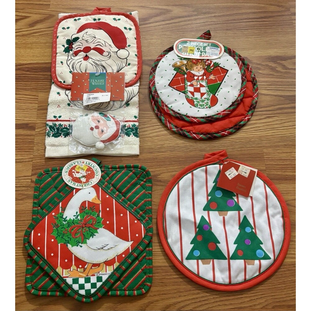 VTG Christmas Potholder Lot NWT NOS Santa Claus Country Goose Holiday Towel Set